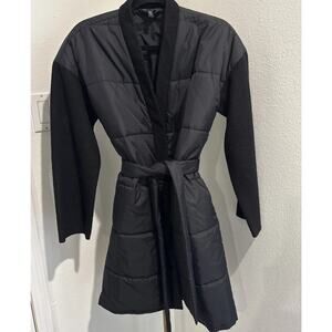 Eileen Fisher Black Nylon Women's Belted Snap Button V-Neck Puffer Coat XS P
